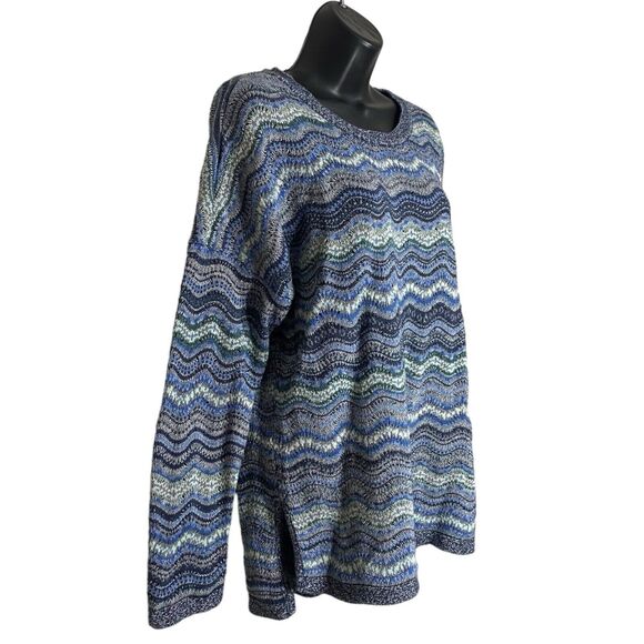 J Jill Sweater Womens M Blue Pullover Striped Wavy Chevron Crew Neck Side Slit - Picture 2 of 11